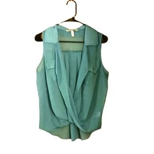 Speechless Women's Shear Aqua Teal Faux Wrap Sleeveless Blouse…
